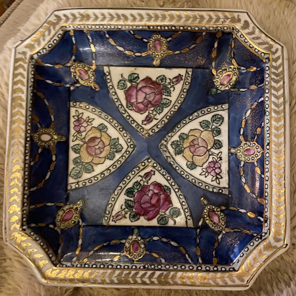 Plate / Dish / Tray Blue Glass Made In China; Hand-painted Floral Trinket Dish